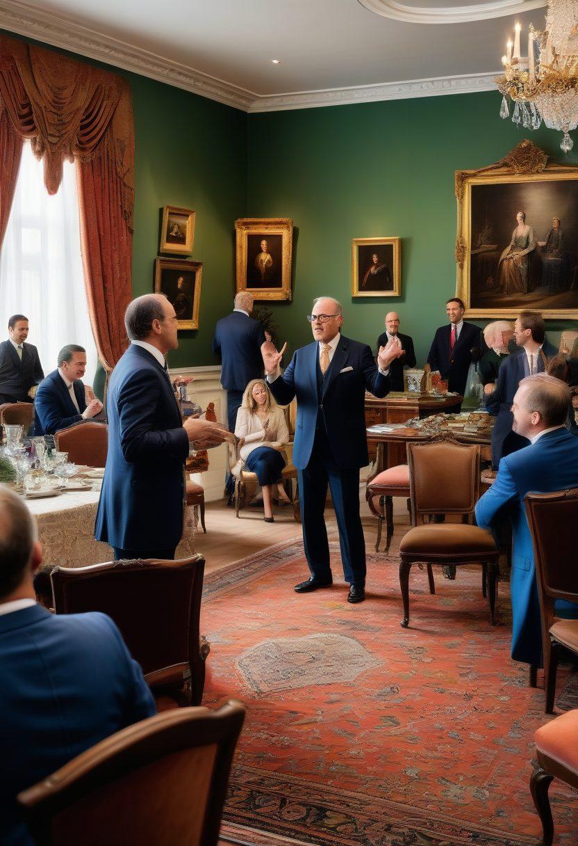 A dynamic scene of a bustling property auction, with diverse bidders eagerly raising paddles, surrounded by elegant estate items like vintage furniture and art pieces. A confident auctioneer stands at the front, engaging the crowd, while a backdrop of luxury homes signifies high-value properties. The atmosphere radiates excitement and competitiveness. vibrant colors. super-realistic.