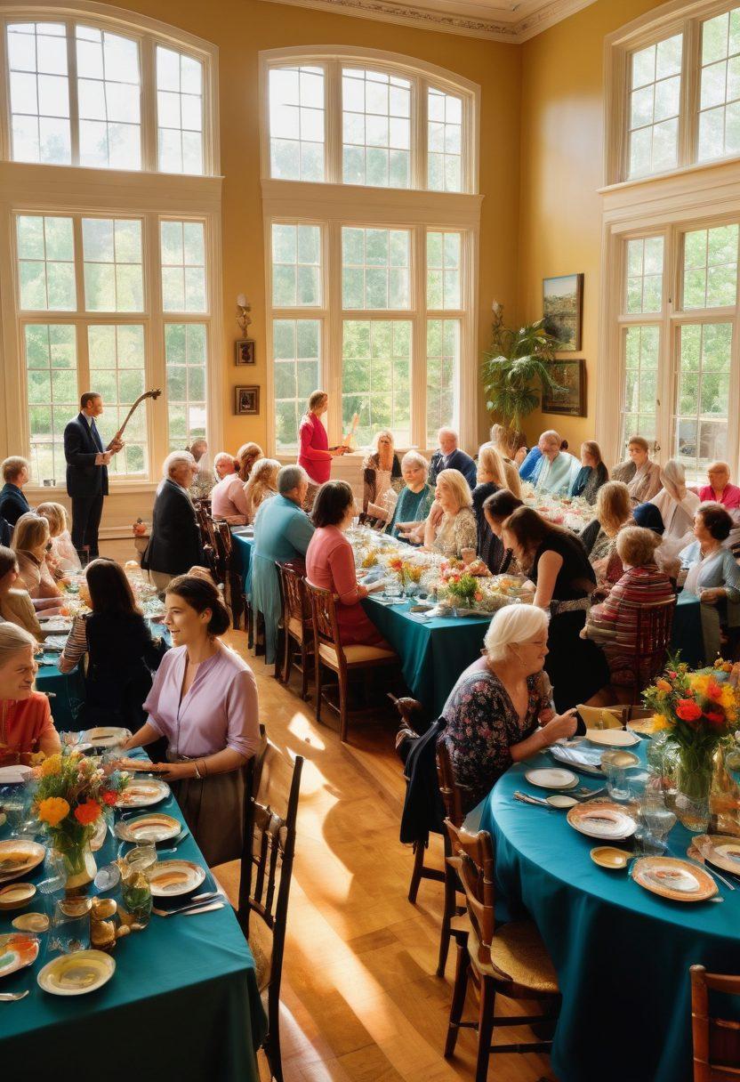 A captivating scene of a lively home auction in an elegant estate, showcasing enthusiastic bidders raising paddles, art pieces, and vintage furniture displayed beautifully in the background. Soft sunlight filtering through large windows illuminates the atmosphere, while a subtle hint of excitement fills the air. Include a diverse group of people engaged in the auction, emphasizing the art and culture of estate sales. vibrant colors. 3D.