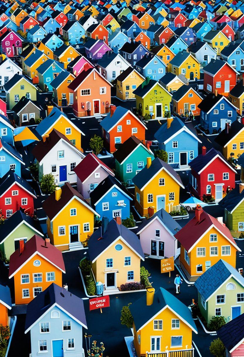 A bustling real estate market scene featuring a diverse group of enthusiastic homebuyers and seasoned agents exchanging ideas. In the background, eye-catching ‘For Sale’ signs and sold stickers stand proudly on colorful houses. A prominent strategic chart illustrating market trends and tips overlays the scene. Emphasize a sense of optimism and success. super-realistic. vibrant colors. 3D.